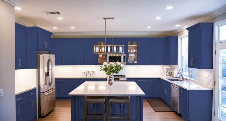 blue painted kitchen cabinets