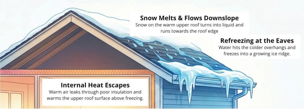 ice dam formation infographic showing how ice dams form